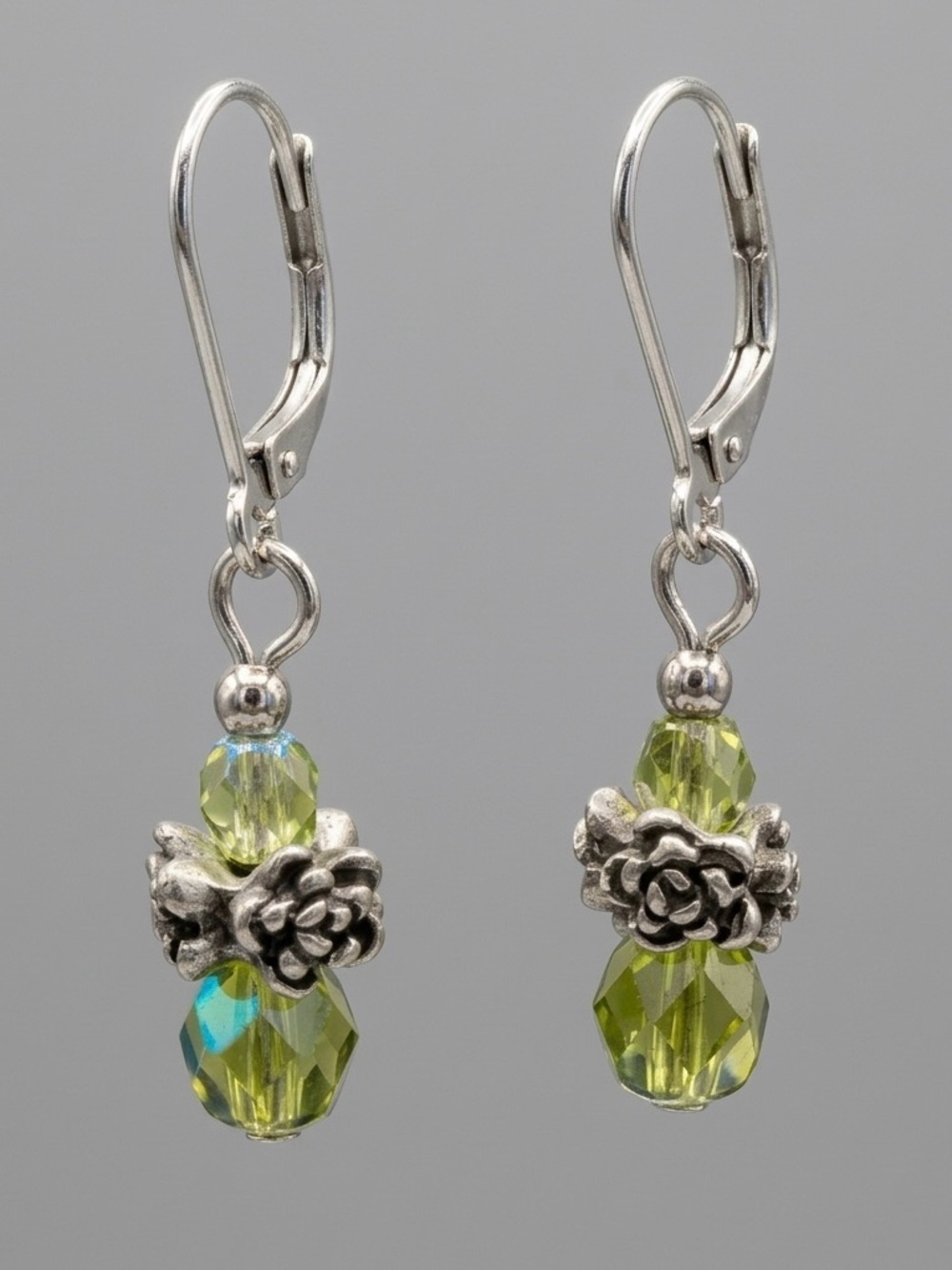 Vintage Style Silver Floral Leverback Earrings Aurora Borealis Peridot Crystals